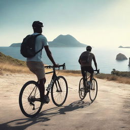 Create a photorealistic movie poster featuring Elba Island with two men on bicycles in the lower part of the poster, one on a road bike and the other on a mountain bike, depicted as silhouettes