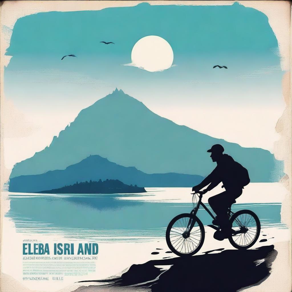 Create a movie poster of Elba Island featuring two men on a bike in the bottom part of the poster, appearing as silhouettes