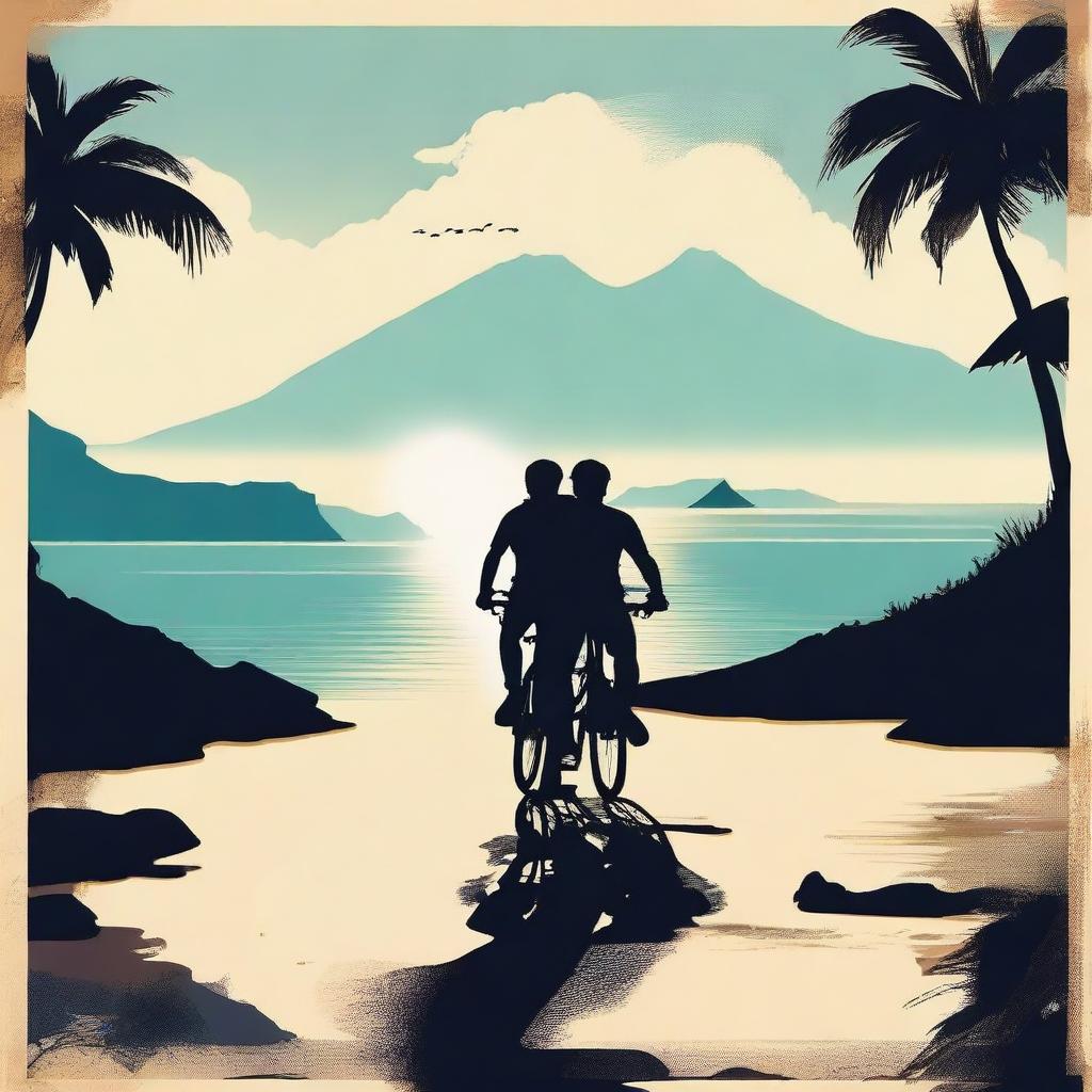 Create a movie poster of Elba Island featuring two men on a bike in the bottom part of the poster, appearing as silhouettes