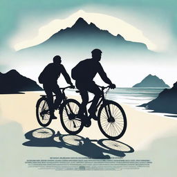 Create a movie poster of Elba Island featuring two men on a bike in the bottom part of the poster, appearing as silhouettes