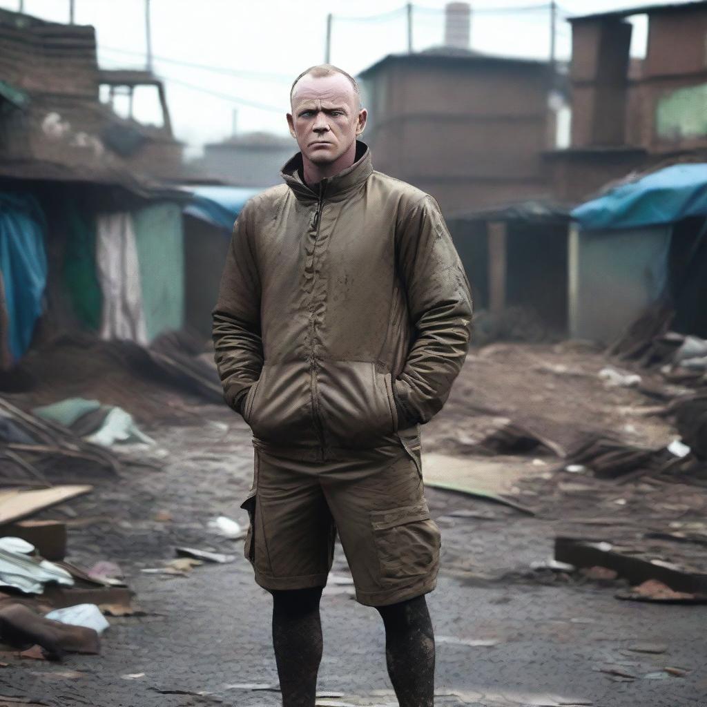 A highly detailed and realistic 4K image of Wayne Mark Rooney standing in front of a slum background