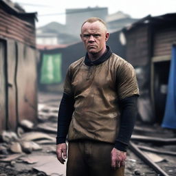 A highly detailed and realistic 4K image of Wayne Mark Rooney standing in front of a slum background