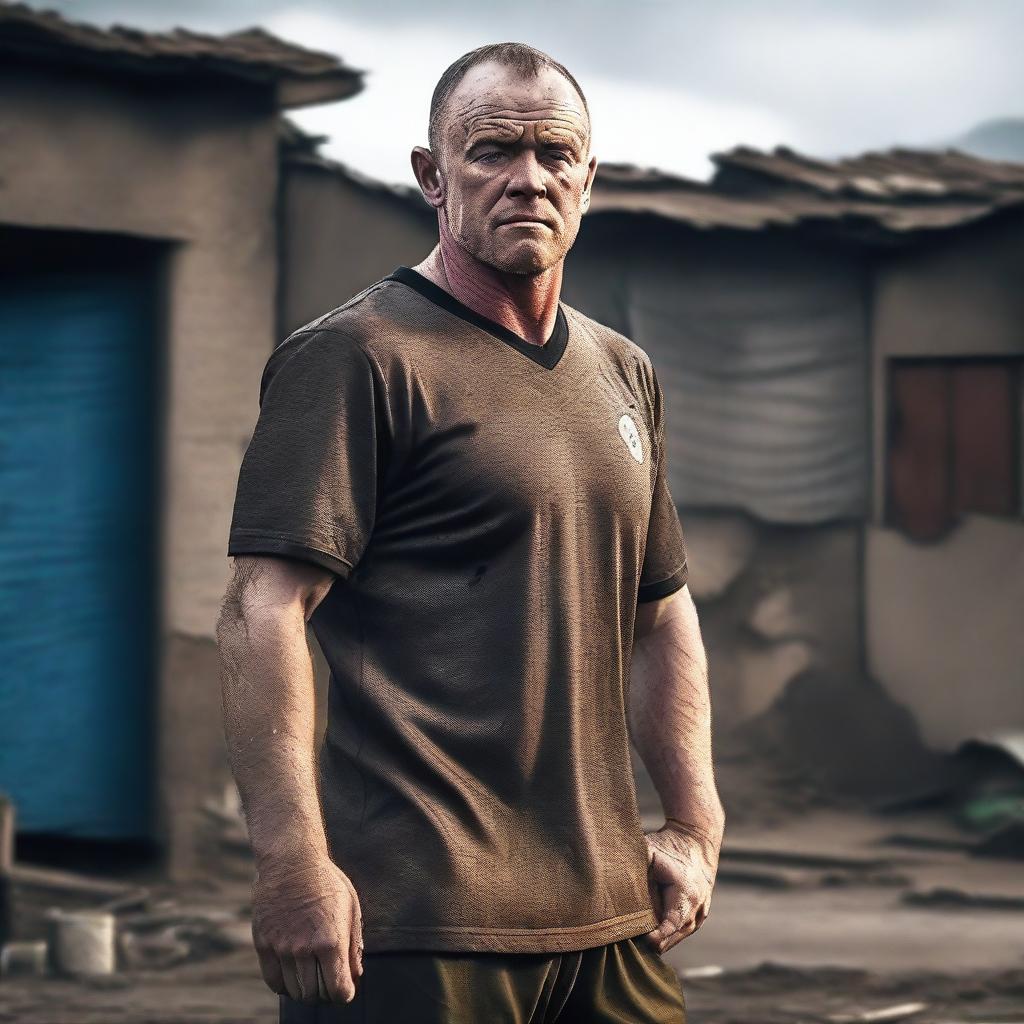 A highly detailed and realistic 4K image of Wayne Mark Rooney standing in front of a slum background