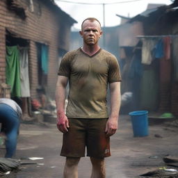 A highly detailed and realistic 4K image of Wayne Mark Rooney standing in front of a slum background