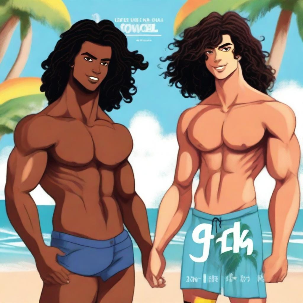 Create a book cover set on a beach featuring a gay couple