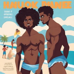 Create a book cover set on a beach featuring a gay couple