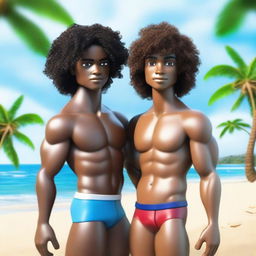 Create a realistic image set on a beach featuring a gay couple