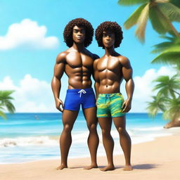 Create a realistic image set on a beach featuring a gay couple