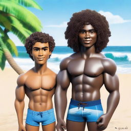 Create a realistic image set on a beach featuring a gay couple