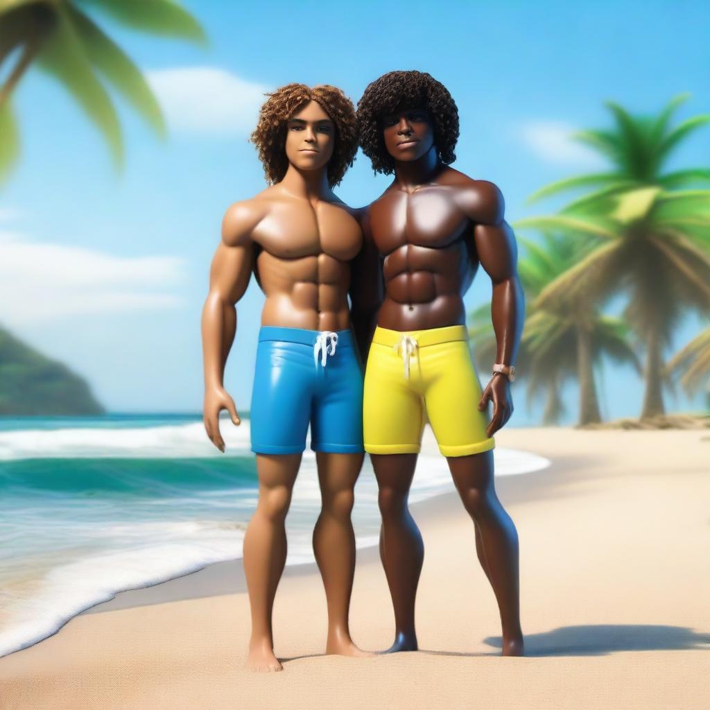 Create a realistic image set on a beach featuring a gay couple