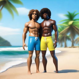 Create a realistic image set on a beach featuring a gay couple