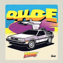 A DeLorean car from the movie 'Back to the Future' with a sign that says the word 'Que' in a stylized font