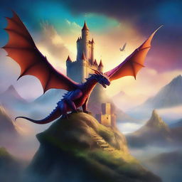 A fantastic book cover featuring a magical landscape with a castle in the background, a dragon flying in the sky, and a hero with a sword standing on a hill