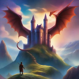 A fantastic book cover featuring a magical landscape with a castle in the background, a dragon flying in the sky, and a hero with a sword standing on a hill