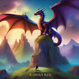 A fantastic book cover featuring a magical landscape with a castle in the background, a dragon flying in the sky, and a hero with a sword standing on a hill