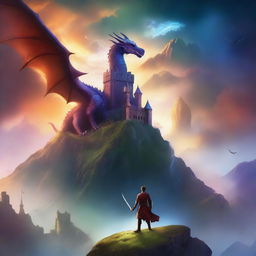 A fantastic book cover featuring a magical landscape with a castle in the background, a dragon flying in the sky, and a hero with a sword standing on a hill