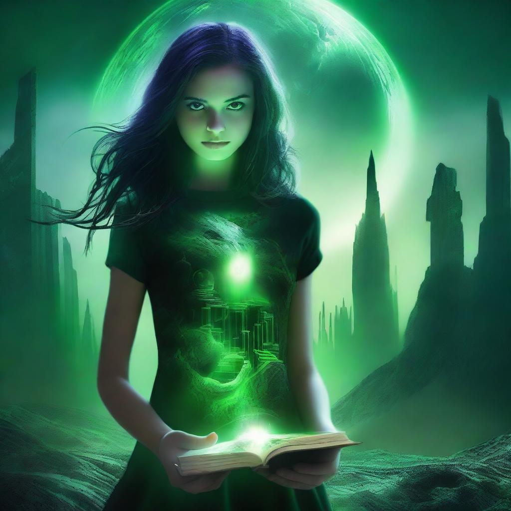 Create a book cover set in a futuristic green landscape at night