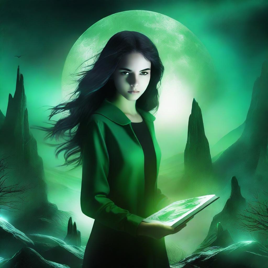 Create a book cover set in a futuristic green landscape at night