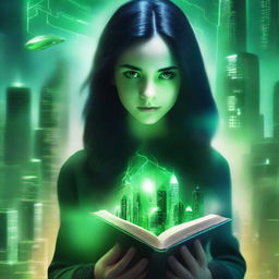 Create a book cover featuring a futuristic green city landscape in the background, set at night