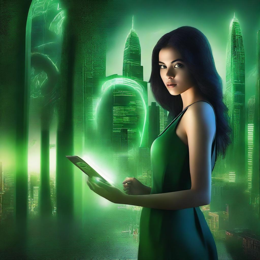 Create a book cover featuring a door leading to a futuristic green city landscape in the background, set at night