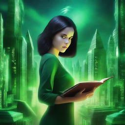 Create a book cover featuring a door leading to a futuristic green city landscape in the background, set at night