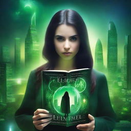 Create a book cover featuring a door leading to a futuristic green city landscape in the background, set at night