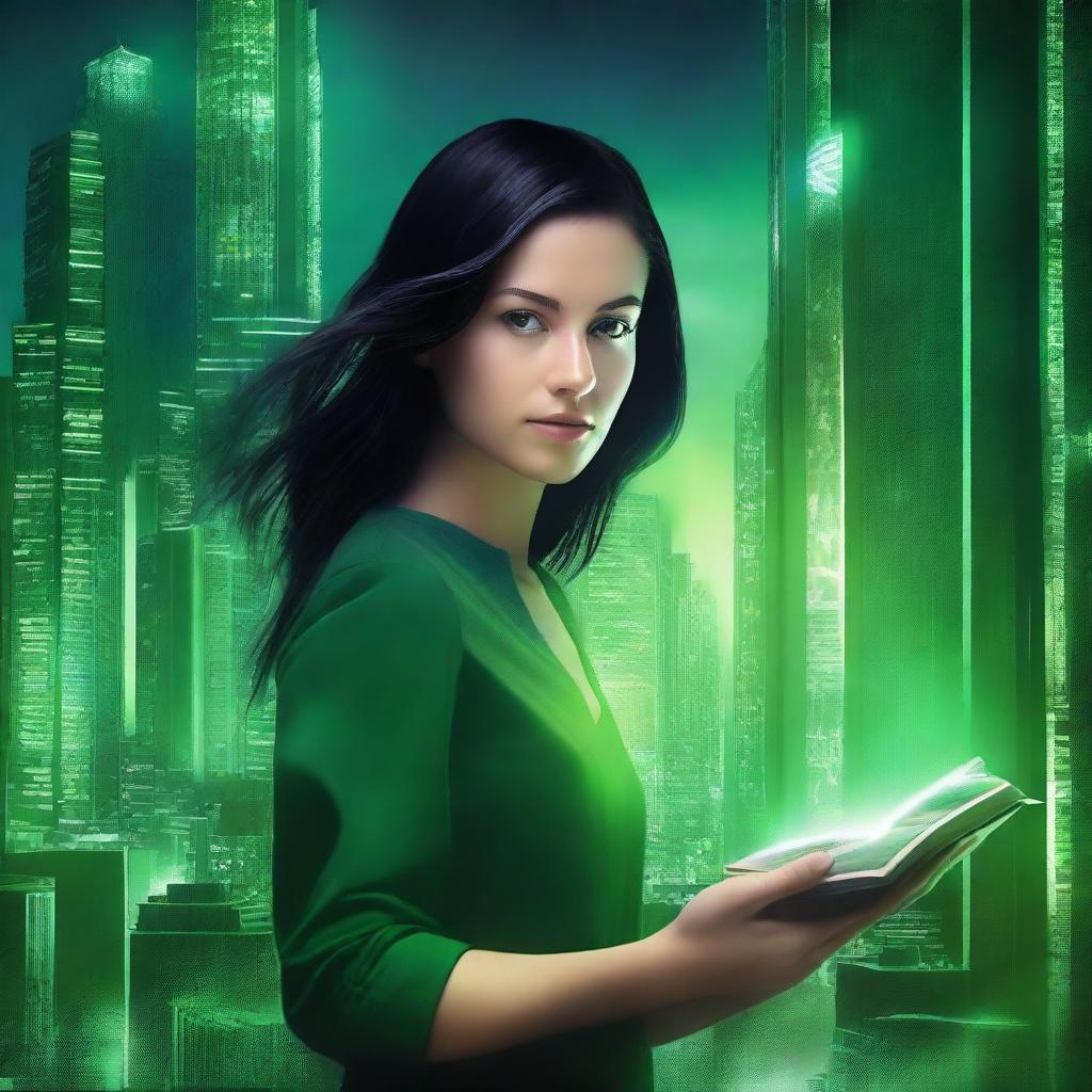 Create a book cover featuring a door leading to a futuristic green city landscape in the background, set at night