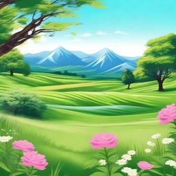 A beautiful scene featuring a serene landscape with lush green fields, blooming flowers, and a clear blue sky