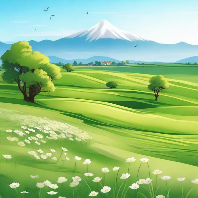 A beautiful scene featuring a serene landscape with lush green fields, blooming flowers, and a clear blue sky