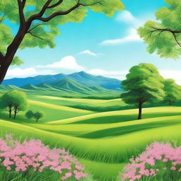 A beautiful scene featuring a serene landscape with lush green fields, blooming flowers, and a clear blue sky