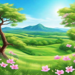 A beautiful scene featuring a serene landscape with lush green fields, blooming flowers, and a clear blue sky