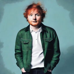 Create an album cover image featuring Ed Sheeran standing with his hands in his pockets