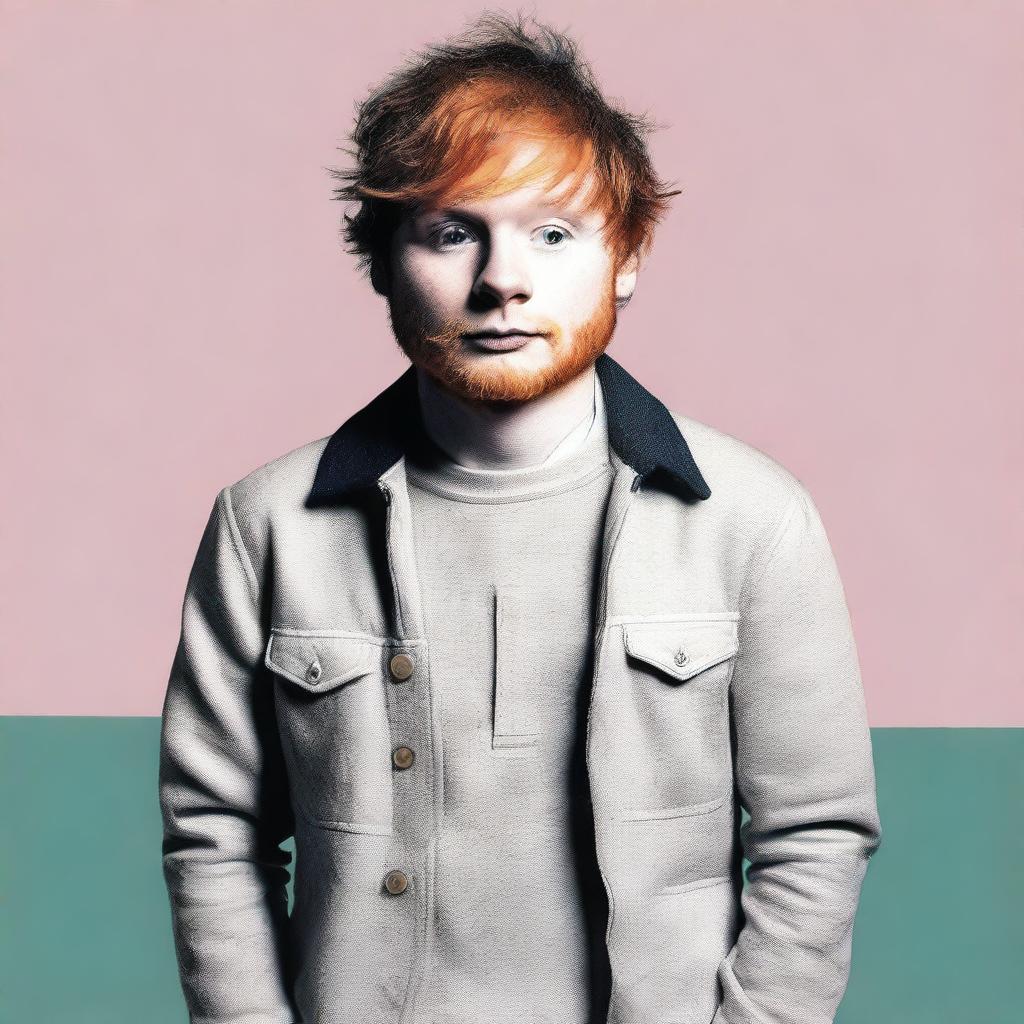 Create an album cover image featuring Ed Sheeran standing with his hands in his pockets