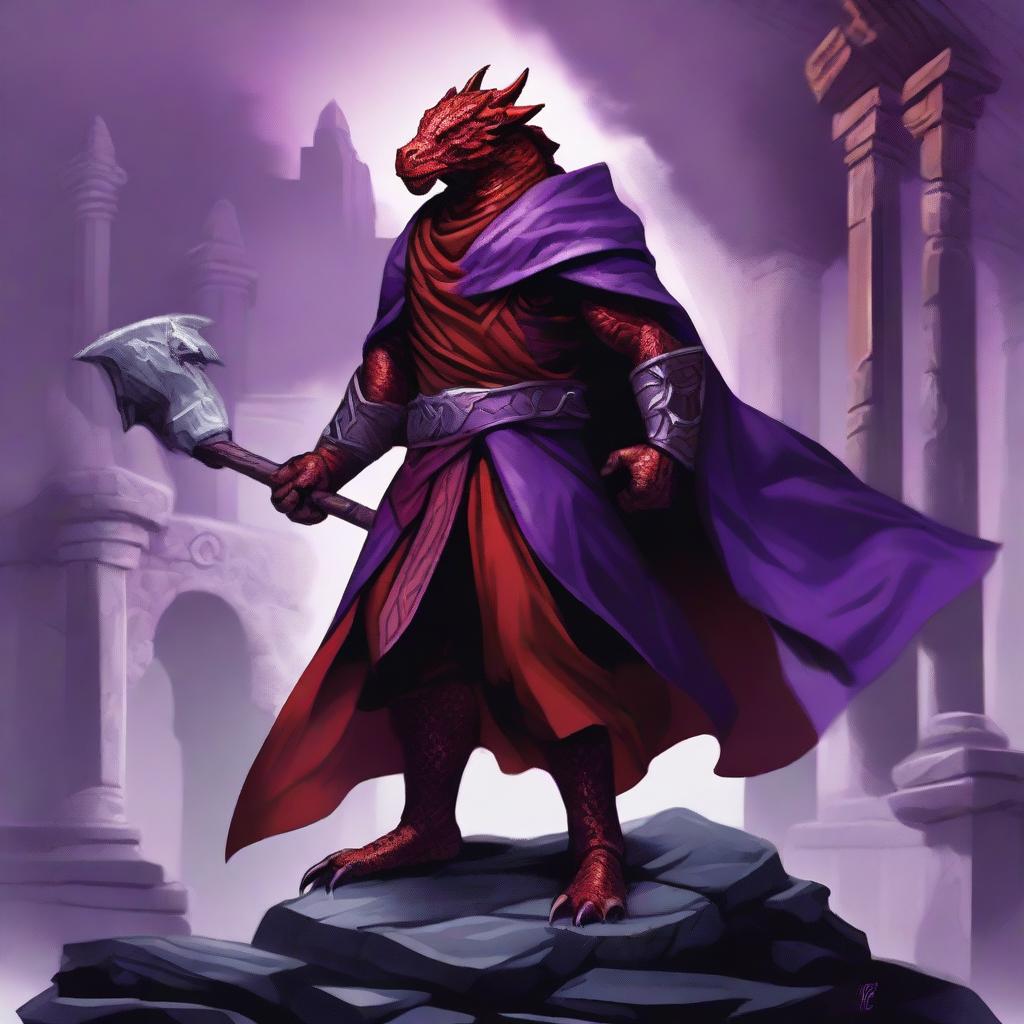 A majestic red Dragonborn character from Dungeons and Dragons, wearing a flowing purple cloak