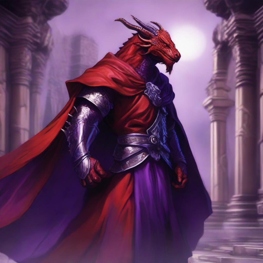 A majestic red Dragonborn character from Dungeons and Dragons, wearing a flowing purple cloak