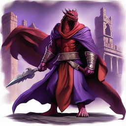 A majestic red Dragonborn character from Dungeons and Dragons, wearing a flowing purple cloak