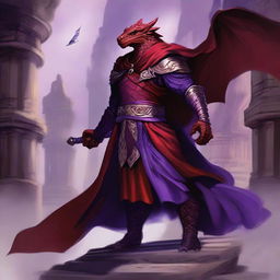 A majestic red Dragonborn character from Dungeons and Dragons, wearing a flowing purple cloak