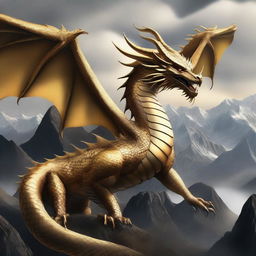 A very large golden dragon with black details, depicted in a realistic style