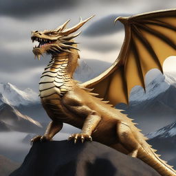 A very large golden dragon with black details, depicted in a realistic style