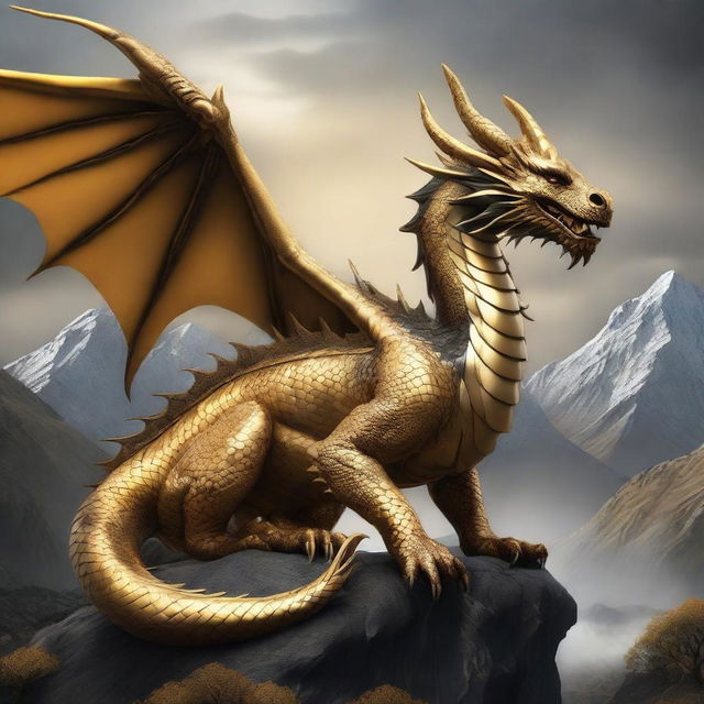 A very large golden dragon with black details, depicted in a realistic style