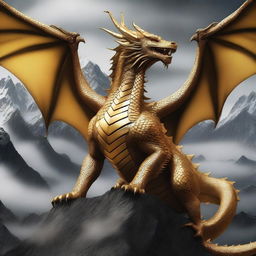 A very large golden dragon with black details, depicted in a realistic style