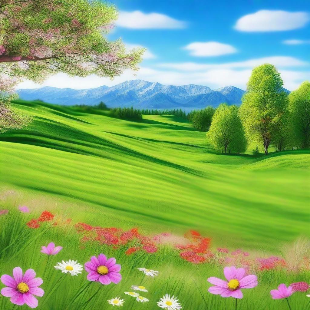 A beautiful and serene landscape with vibrant colors, featuring a peaceful meadow under a clear blue sky