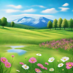 A beautiful and serene landscape with vibrant colors, featuring a peaceful meadow under a clear blue sky