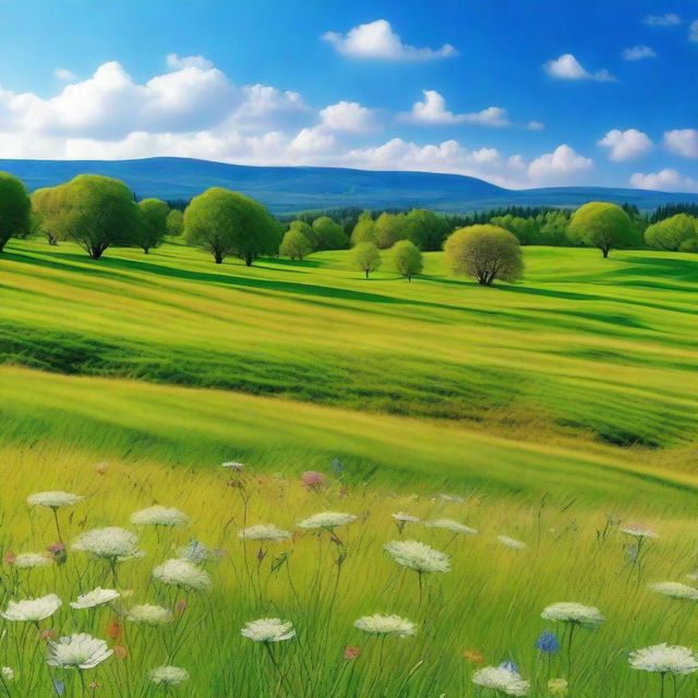 A beautiful and serene landscape with vibrant colors, featuring a peaceful meadow under a clear blue sky