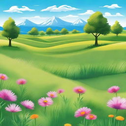 A beautiful and serene landscape with vibrant colors, featuring a peaceful meadow under a clear blue sky