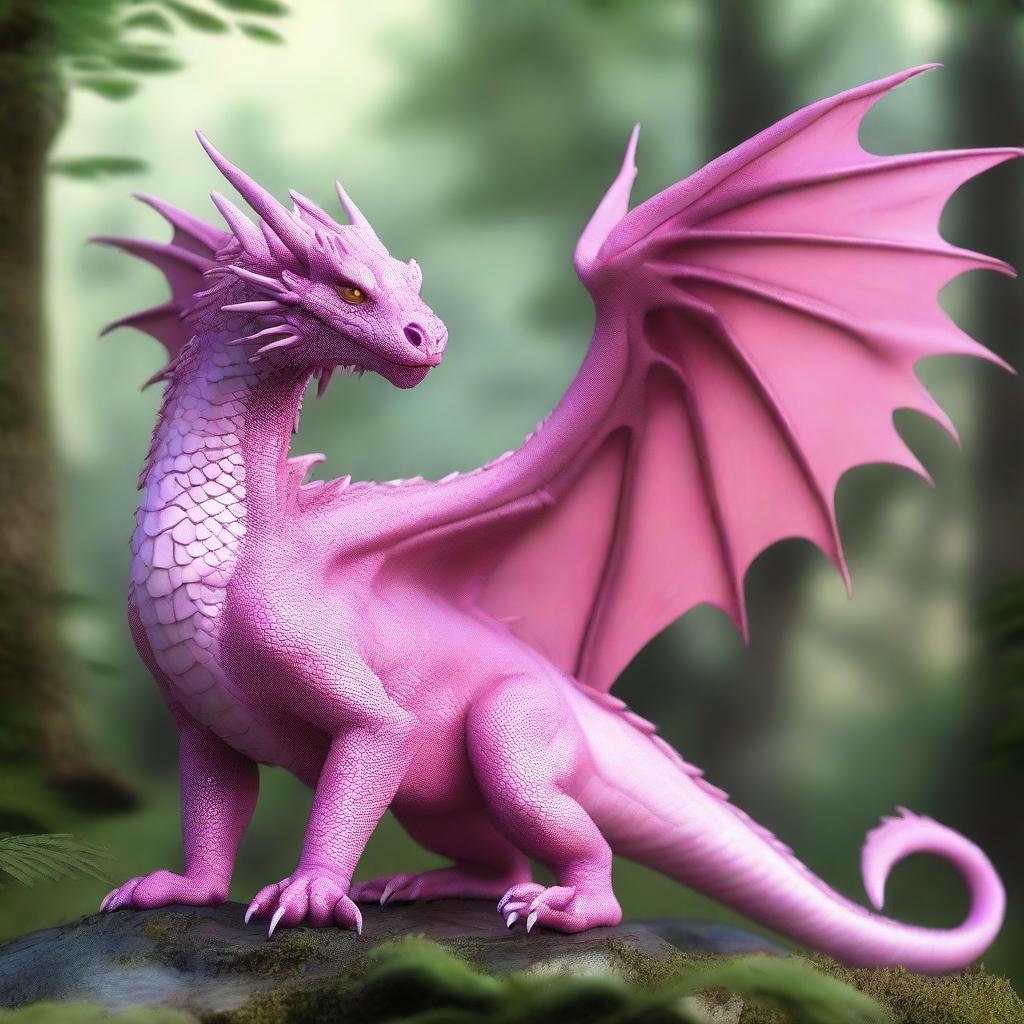 A realistic medium-sized pink dragon, depicted in a highly detailed and lifelike manner