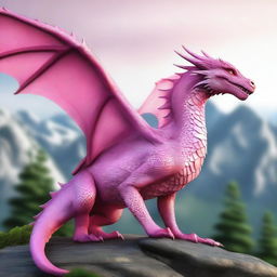 A realistic medium-sized pink dragon, depicted in a highly detailed and lifelike manner