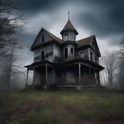 A realistic depiction of an abandoned, haunted house