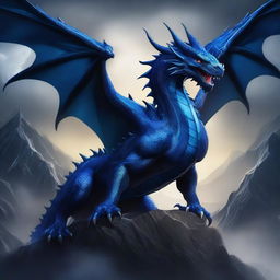 A dark blue dragon with a dominant form and a huge scar on its face