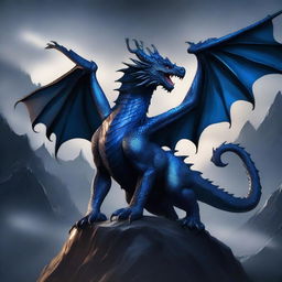 A dark blue dragon with a dominant form and a huge scar on its face